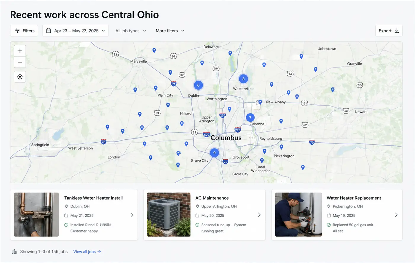 A map of completed jobs beside a synchronized results list
