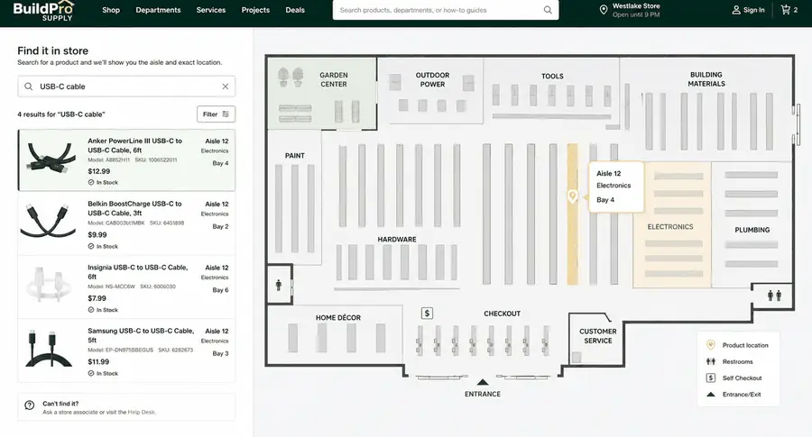 An indoor product finder showing aisle and zone locations